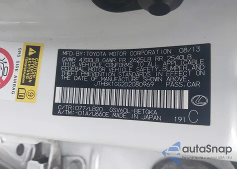 2013 Lexus Es 350 z USA, uszkodzony, nr VIN JTHBK1GG2D2080969